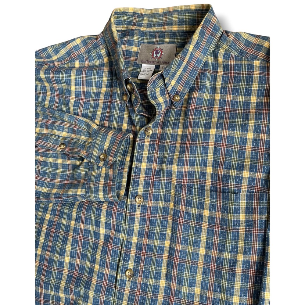 The Territory Ahead Mens XL Blue Yellow Plaid Cotton Long Sleeve Button Down